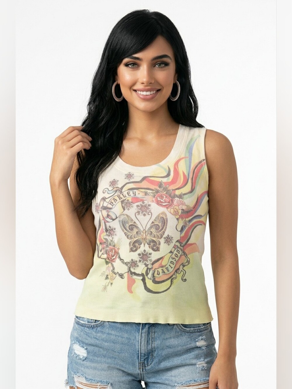 Harley-Davidson Cream Tank Top with Multi-Color Butterfly Graphic